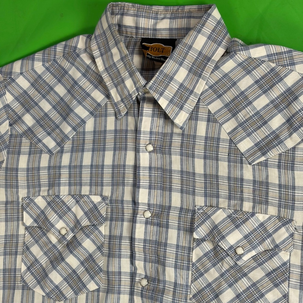 VTG Holt Western Pearl Snap Shirt Mens L Blue Plaid Short Sleeve Cowboy USA Made
